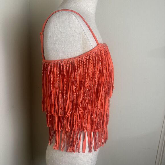 Sterling and Stitch Orange Silver Studded Fringe Stretch Halter Top Sz Small EUC - Picture 5 of 8